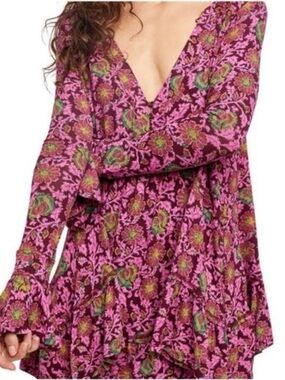 Boho Floral V-Neck Tunic Dress in Pink & Green